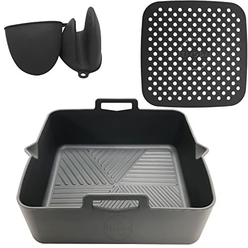 TIVODA-Molde silicona freidora de aire-accesorios freidora sin aceite- olla y alfombrilla de freidora aire cuadrada-2 guantes-bandeja airfryer/horno/microondas (Gris)