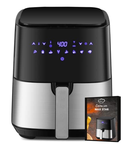 Max Star Freidora sin Aceite 5L Acero Inoxidable 1450W Digital Tactil Dietetica Aire Caliente 360º 8 Funciones Preestablecidas Incluye Libro de Recetas GRATIS