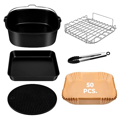 Kit de 6 Accesorios para Freidora sin Aceite COSORI 5,5L - 50 pcs de Papel para Airfryer - Incluye todos los Utensilios necesarios como Pinzas, Molde De Silicona para freidora y Bandeja Llana y Honda