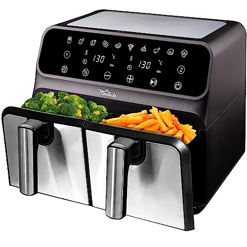 La Moustache - Freidora de Aire Caliente 8L sin Aceite, Potencia 1700W, 2 Cestillos Independientes, Temporizador de 60 Minutos, Airfryer Digital Antiadherente de 60 a 200 °C, 10 Programas (Gris)