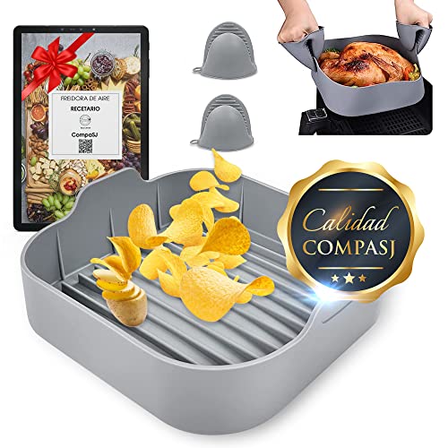 Molde Silicona Freidora de Aire - Olla Silicona Freidora de Aire Cuadrada con Guantes Accesorios Freidora sin Aceite para COSORI 5,5L Cecotec 6L Air fryer reutilizable Cesta Silicona + Ebook (20 cm)